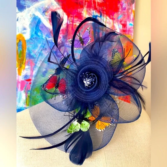 Gorgeous Rare VINTAGE Kentucky Derby Day Hat Flowers Butterflies Blue Floral Gorgeous Rare Gem VINTAGE Derby Day Hat Flowers Butterflies  main image 2